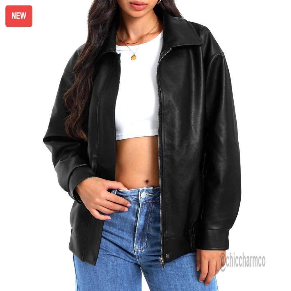 Oversized Faux Leather Bomber Jacket with Zipper, Casual Motorcycle Style
